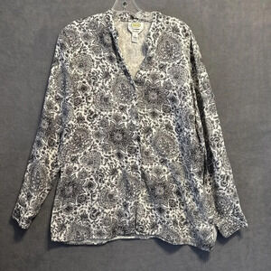 Talbots 100% Irish Linen Black & White Paisley Tunic Button Front V Neck Size 12